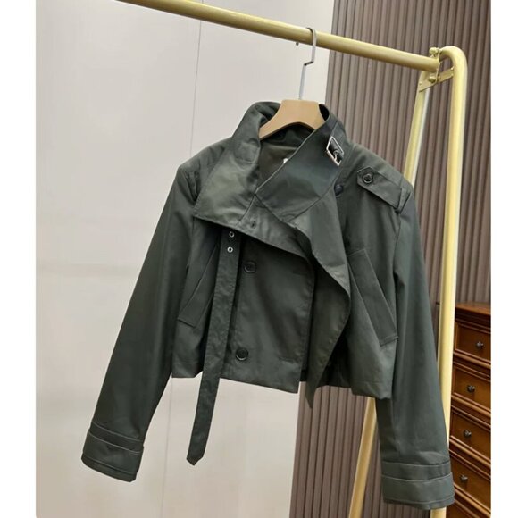 Zara Cropped Double-Breasted Utility Pea Coat Jacket, Dark Khaki, Small - Picture 10 of 13